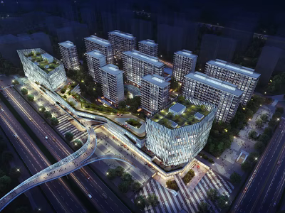 Modern Urban High Rise Buildings Night View With Pedestrian Bridge And Green Rooftops 3d model