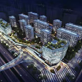 Modern Urban High Rise Buildings Night View With Pedestrian Bridge And Green Rooftops
