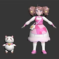 Game Movie Character With Pink Pigtails Star Decorations Diamond Patterned Dress And White Cat Companion