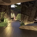 Modern Garden Landscape With Pond Curved Pathway Green Trees And Stone Decorations
