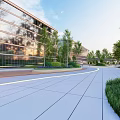Modern Landscape Design With Trees Pathways And Open Plaza Around Buildings