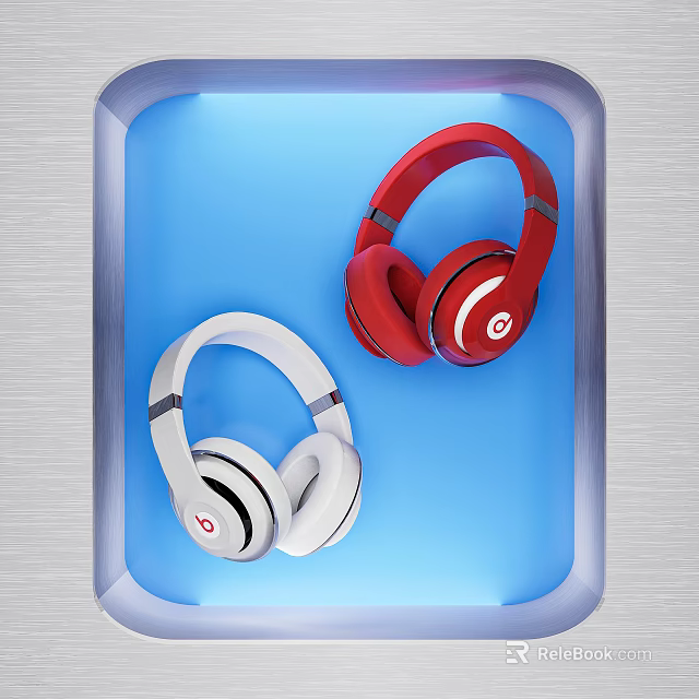 Stylish Red and White Over Ear Headphones Showcased on Blue Display Background 3d model 