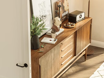Stylish Wooden Decorative Cabinet With Green Plant Framed Art Vintage Radio And Tray 3d model