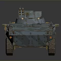 Blue Wheeled Military Tank With Top Mounted Gun And Armored Exterior Design
