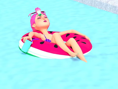 Pink Haired Figure Relaxing On Watermelon Inflatable Float In Blue Pool With Drink 3d model