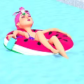 Pink Haired Figure Relaxing On Watermelon Inflatable Float In Blue Pool With Drink