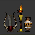 Elegant Classical Household Items Including Flaming Torch Ornate Harp And Decorative Vase With Intricate Designs