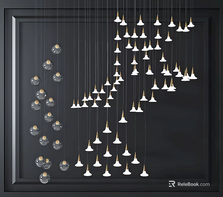 Modern Chandeliers With Cone And Spherical Shapes In Gold White Hanging On Dark Wall 3d model 
