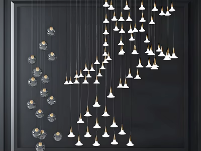 Modern Chandeliers With Cone And Spherical Shapes In Gold White Hanging On Dark Wall 3d model