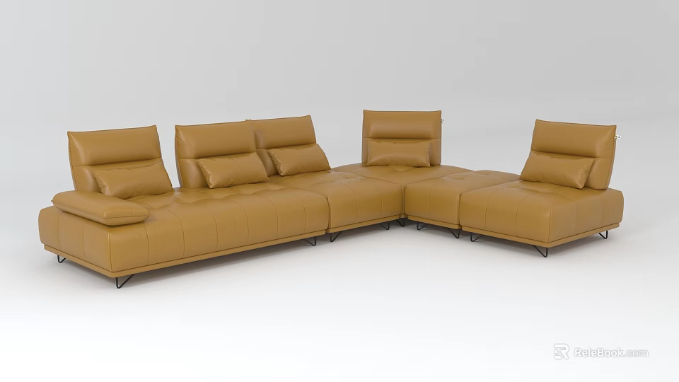Modern Brown Leather L shaped Multi seater Sofa With Comfortable Cushions And Armrests 3d model