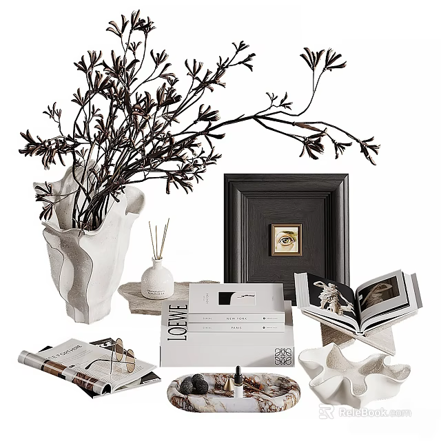 Decorative Ornaments Set With White Vase Black Branches Diffuser Picture Frame Open Books And Boxes 3d model 