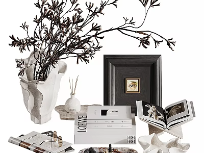 Decorative Ornaments Set With White Vase Black Branches Diffuser Picture Frame Open Books And Boxes 3d model