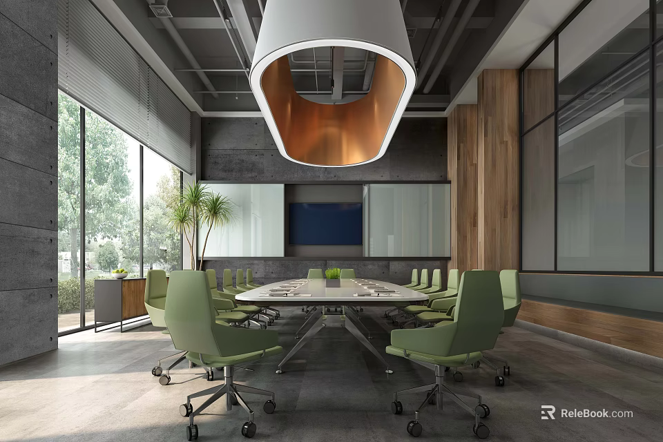 Modern Conference Room With Green Chairs Large Table Pendant Light Windows And Wooden Wall 3d model 