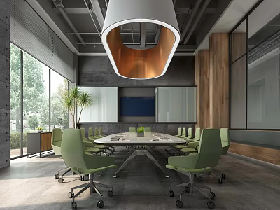 Modern Conference Room With Green Chairs Large Table Pendant Light Windows And Wooden Wall 3d model