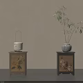 Decorative Bedside Tables With Floral Patterns Yellow Lantern And Green Plant Vase