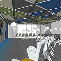 Modern Conference Room with Geometric Patterned Ceiling Blue Green Gray White Chairs and Projection Screen