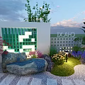 Tea Stream Garden Landscape with Pavilion Deer Sculptures Round Lights and Greenery
