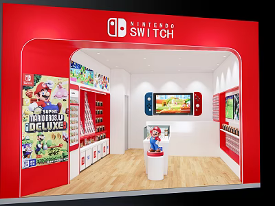 Red Nintendo Switch Retail Store with Mario Displays Game Cartridges and TVs 3d model