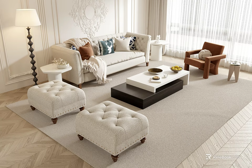 Modern Living Room Sofa And Coffee Table Set With Throw Pillows Ottomans And Soft Rug 3d model 