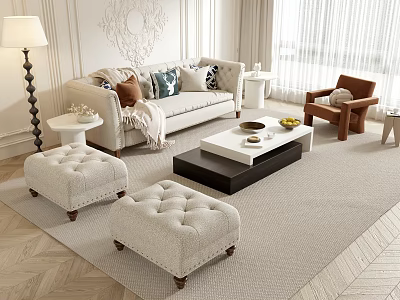 Modern Living Room Sofa And Coffee Table Set With Throw Pillows Ottomans And Soft Rug 3d model