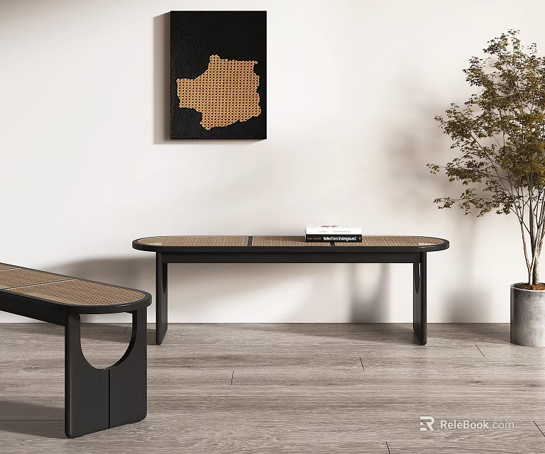 Modern Rattan Bench With Black Frame In Stylish Living Room Interior With Potted Plant 3d model 