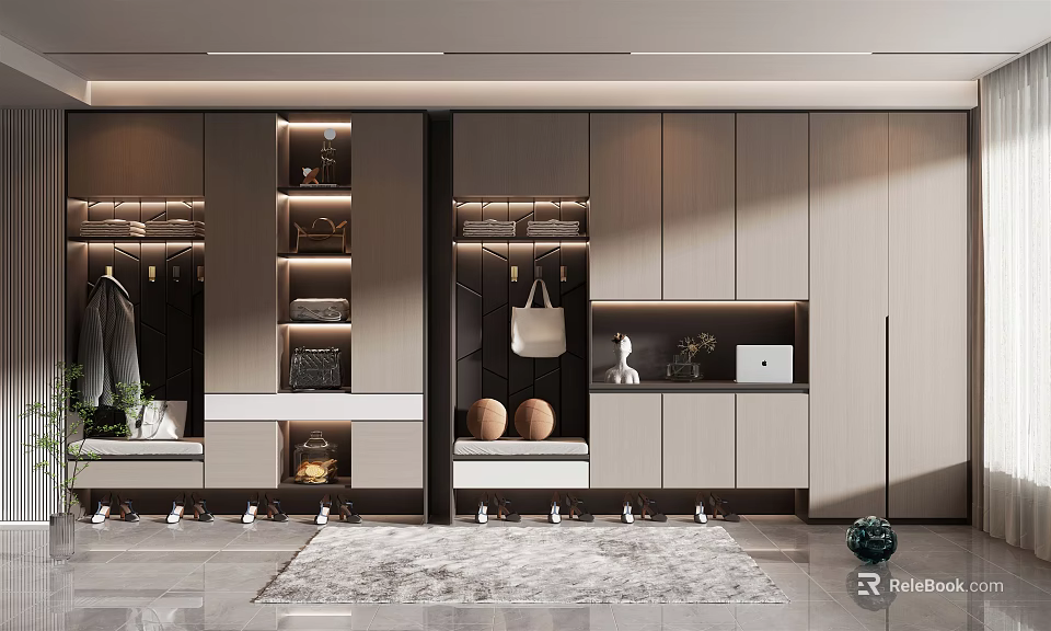 Modern Shoe Cabinet Interior Design With Storage Cabinets Display Shelves And Hanging Hooks 3d model 