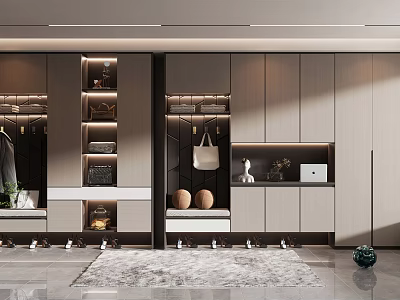 Modern Shoe Cabinet Interior Design With Storage Cabinets Display Shelves And Hanging Hooks 3d model