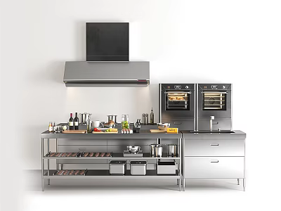Modern Stainless Steel Kitchen Interior With Oven Appliances Countertop And Cabinets 3d model