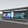 Modern Bus Stop Shelter With Advertising Billboards Seated Person And Green Trees