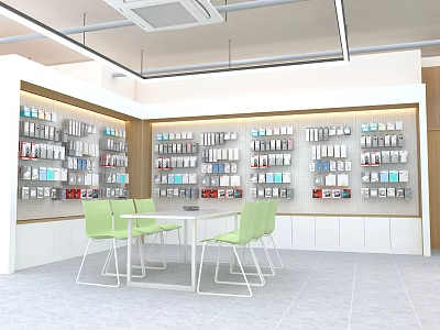 Modern Lounge Area With White Table Green Chairs And Shelves Filled With Items 3d model