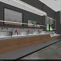 Public Restroom Interior With Gray Walls Baby Changing Station Sinks Mirrors And Sofa Chair