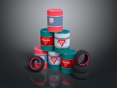 Colorful Industrial Storage Display With Stacked Multi Colored Drums And Black Tires With Red Trim 3d model