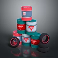 Colorful Industrial Storage Display With Stacked Multi Colored Drums And Black Tires With Red Trim