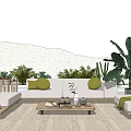 White Outdoor Sofa with Yellow Cushions on Wooden Deck Surrounded by Cacti and Palm Trees