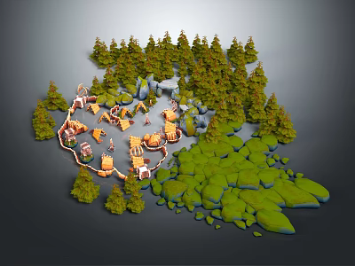 Enchanting Forest Campsite With Wooden Huts Rocks And Lush Green Trees 3d model