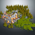 Enchanting Forest Campsite With Wooden Huts Rocks And Lush Green Trees
