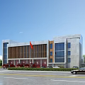 Modern Fire Station Building Exterior With Red Fire Trucks And Flag