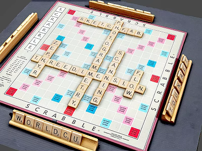 Scrabble Board Game Entertainment With Wooden Letter Tiles Tile Racks And Word Formation On Grid 3d model