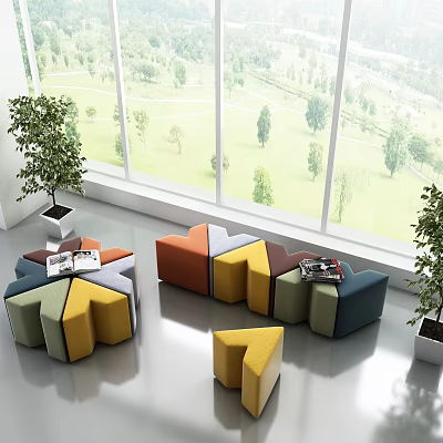 Multicolored Modular Sofa Set In Bright Living Room With Large Windows And Green View 3d model