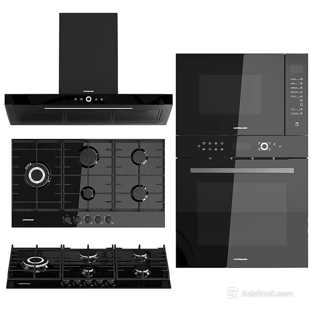 Sleek Black Modern Kitchen Appliances With Range Hood Gas Stove Microwave And Oven 3d model 