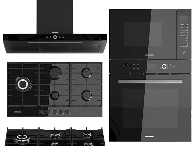 Sleek Black Modern Kitchen Appliances With Range Hood Gas Stove Microwave And Oven 3d model