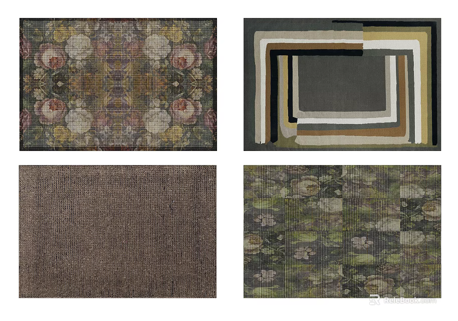 Different Square Rugs Featuring Floral Prints Geometric Designs and Textured Surfaces 3d model