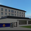 Modern Office Building Exterior With National Flag Parking Lot And Surrounding Greenery
