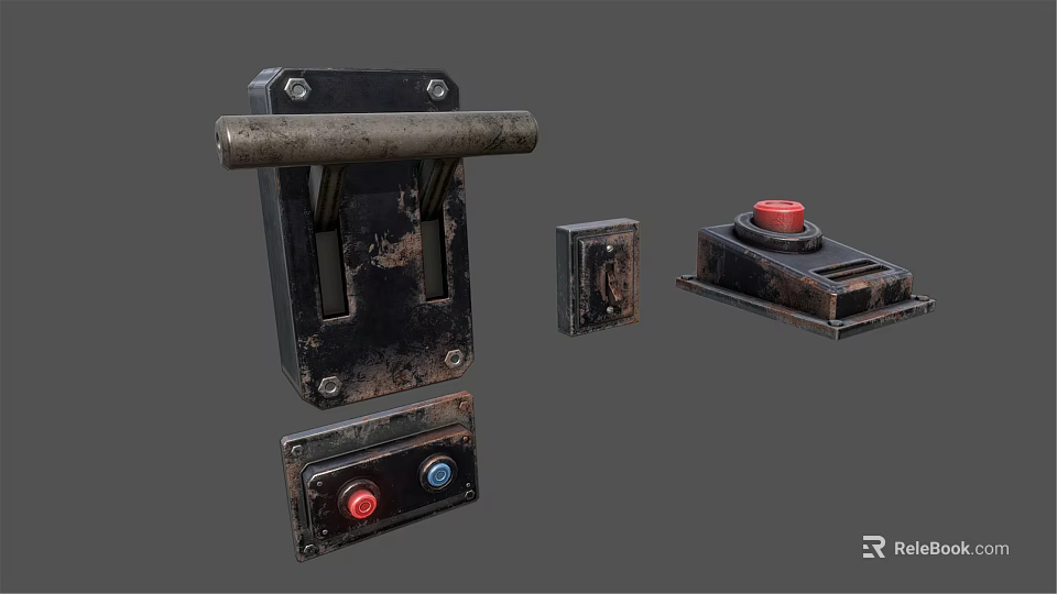 Vintage Industrial Switch Panels With Red And Blue Buttons And Rustic Metal Design 3d model 