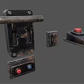 Vintage Industrial Switch Panels With Red And Blue Buttons And Rustic Metal Design