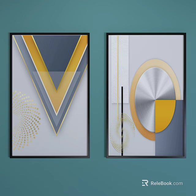 Modern Abstract Wall Art With Geometric Shapes Gold Silver Yellow Gray Patterns 3d model