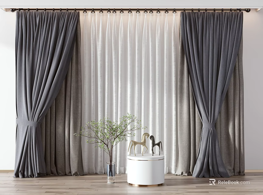 Modern Gray And White Curtains With Potted Plant And Decorative Figurines On Wooden Floor 3d model 