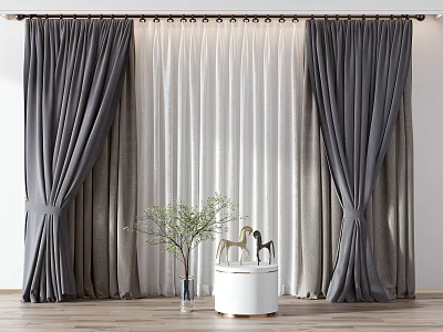 Modern Gray And White Curtains With Potted Plant And Decorative Figurines On Wooden Floor 3d model