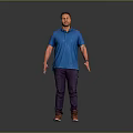 A Man Standing in Gray Background Wearing Blue Polo Shirt Purple Pants and Brown Shoes