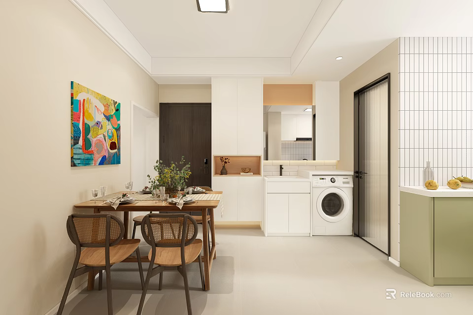 Dining Room With Wooden Dining Table Chairs Colorful Painting And White Kitchen Cabinets 3d model 